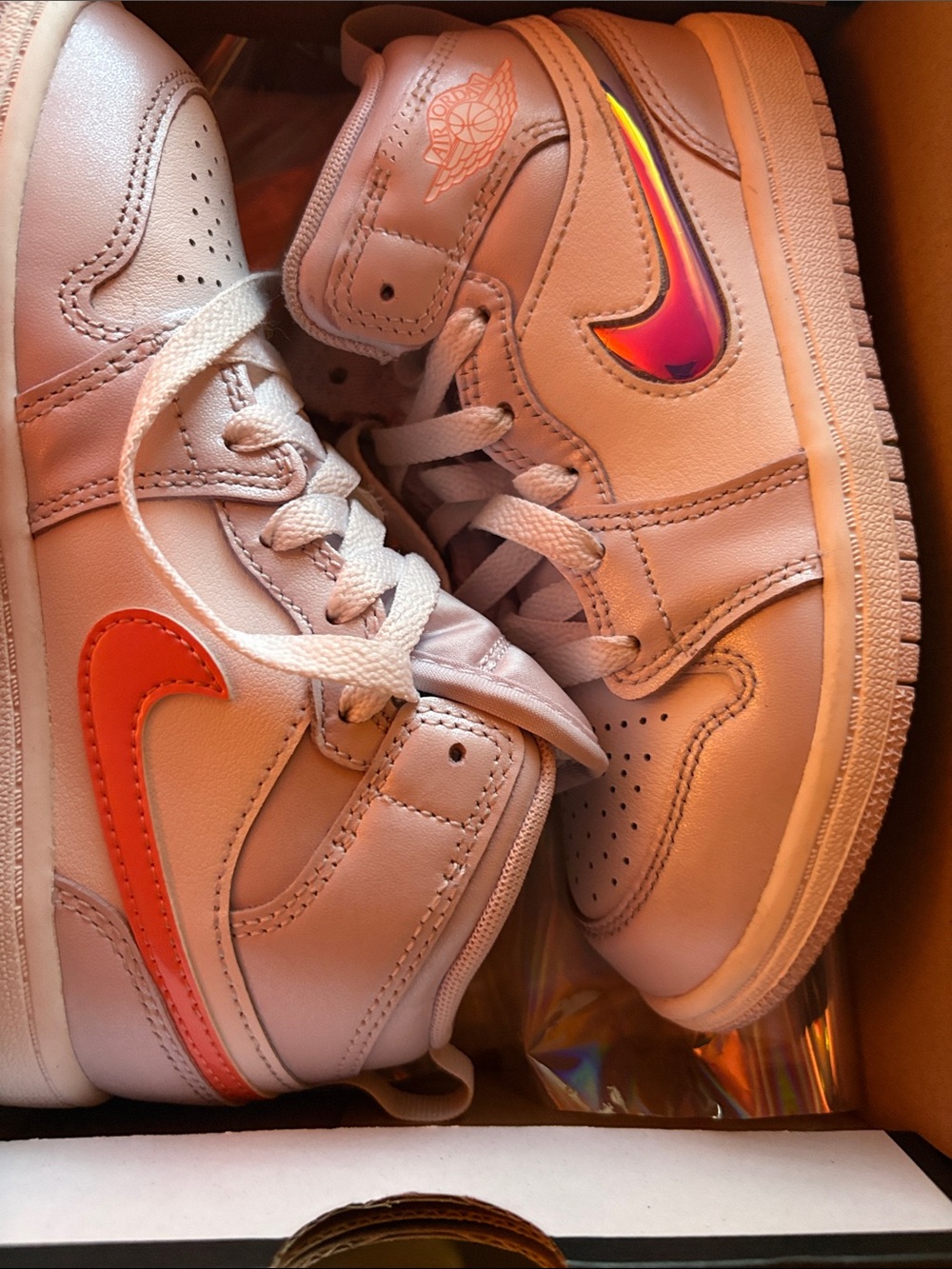 Jordan Kids Sneakers White with Pink Coral and Iridescent Blue Swooshes - Picture 4 of 4